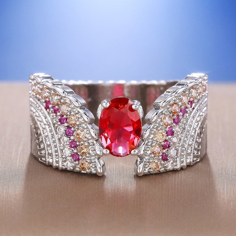⚡ Ethnic Oval Red Ruby Zircon Wings Vintage Silver Ring for Women, PD596